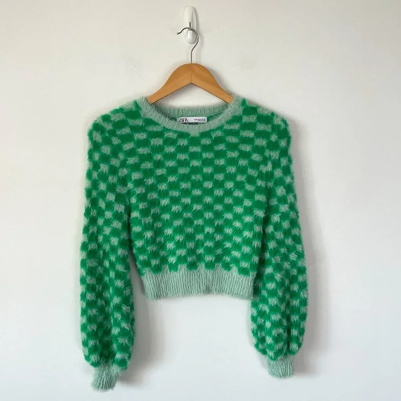 Zara Check Fuzzy Soft Cropped Sweater Green Sz Medium - Picture 4 of 8